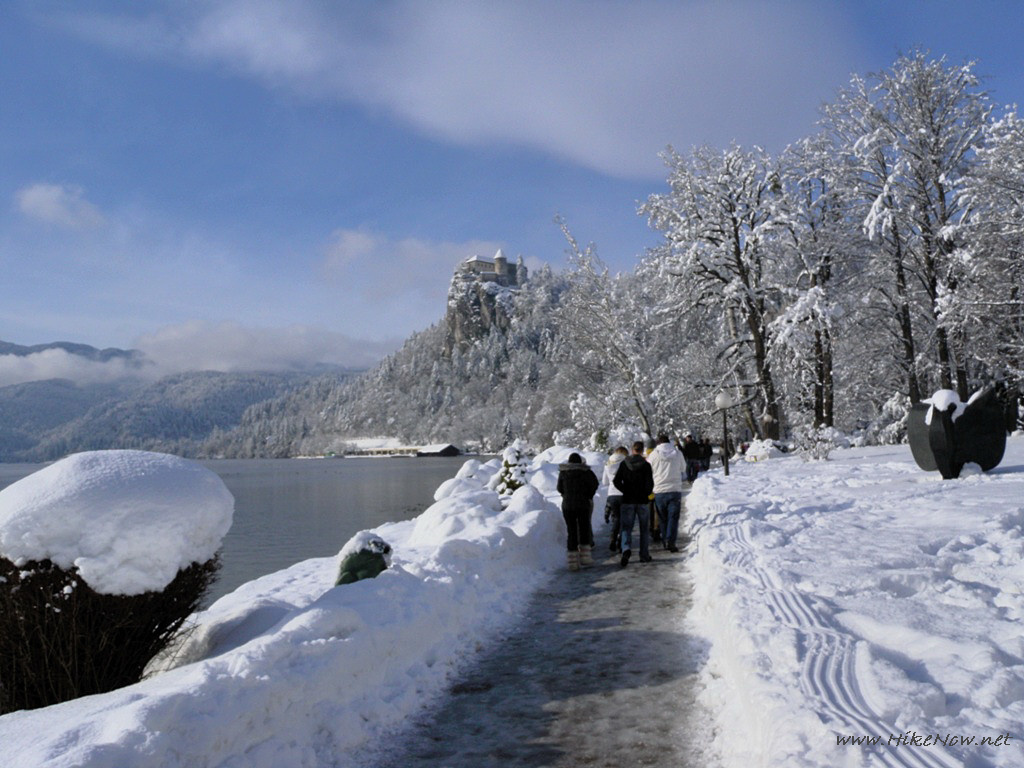 Promenade below castle of Lake Bled in winter - Slovenia 