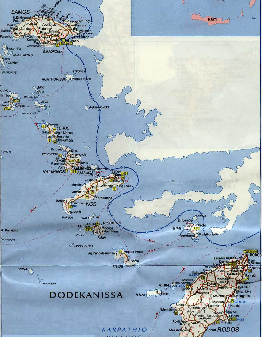 Map of Greek Islands - Samos, Kalimnos, Kos, Rodos, Simi 