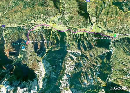 Map of cycling tour from Kranjska Gora to Laghi di Fusine 