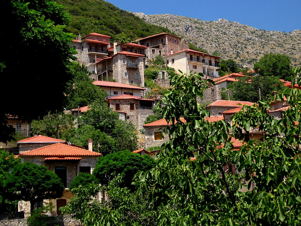 Stemnitsa village with its stone streets and tower houses is located in mountains above the Lousios Gorge at altitude of 1100 m - Peloponnese Greece 