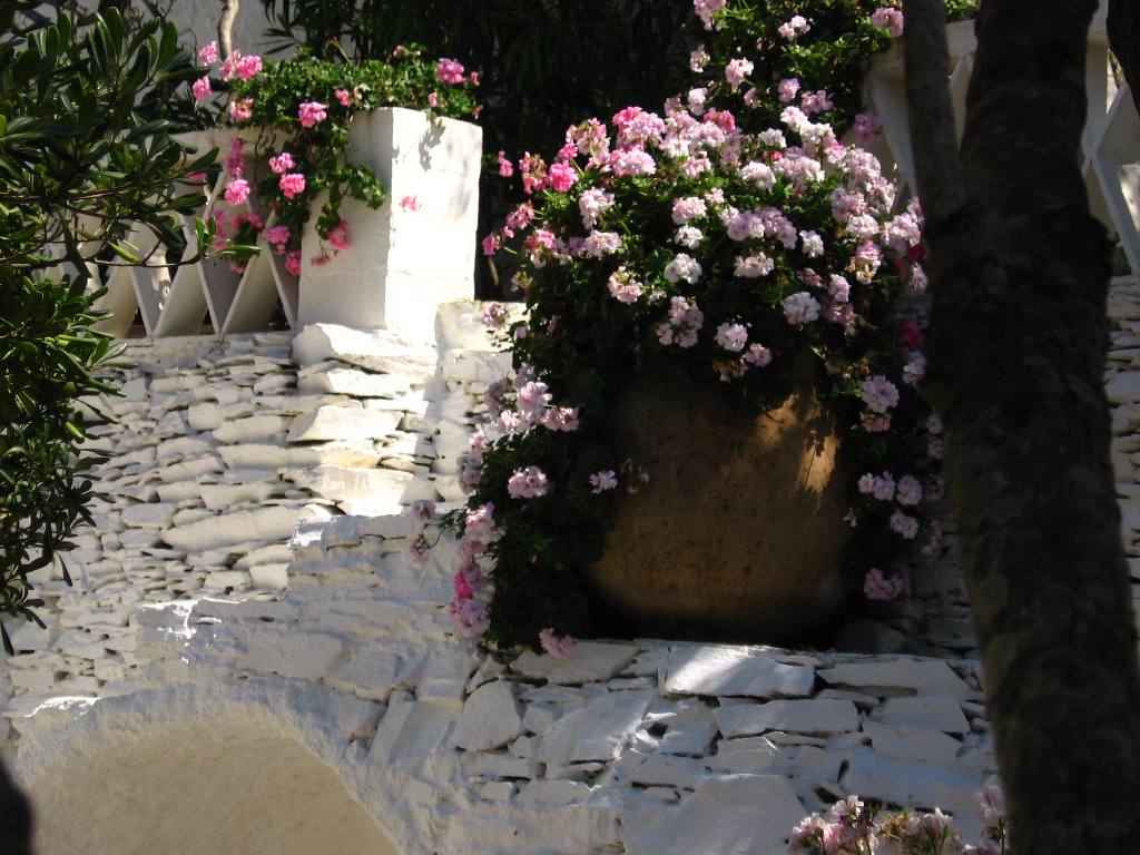 Architecture of Dali's house and flowers in Port Ligat - Spain 