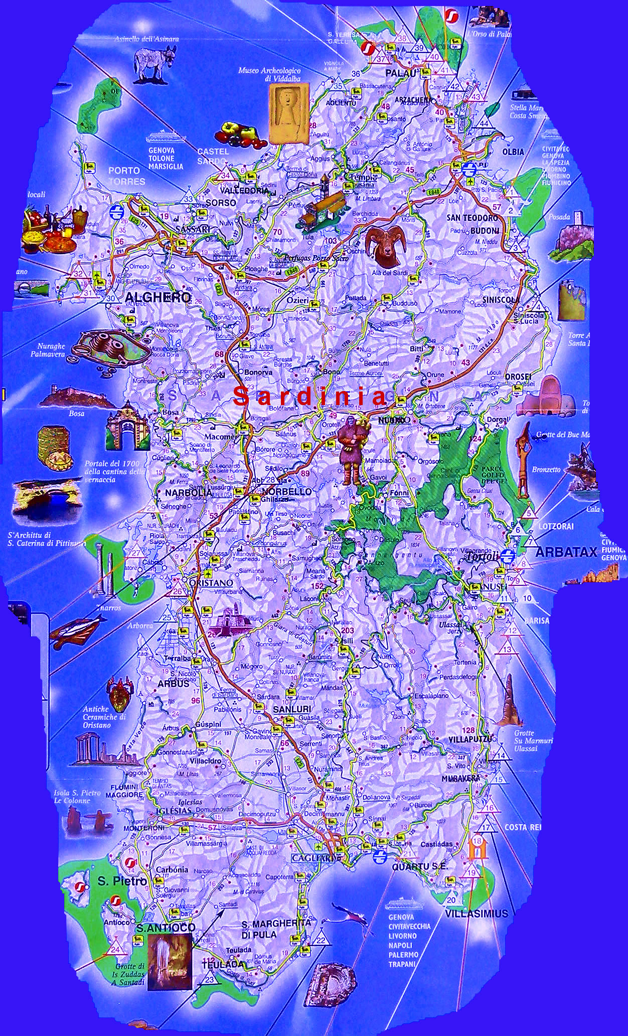 Tourist's map with roads and sights of the territory of Sardinia , Italy 