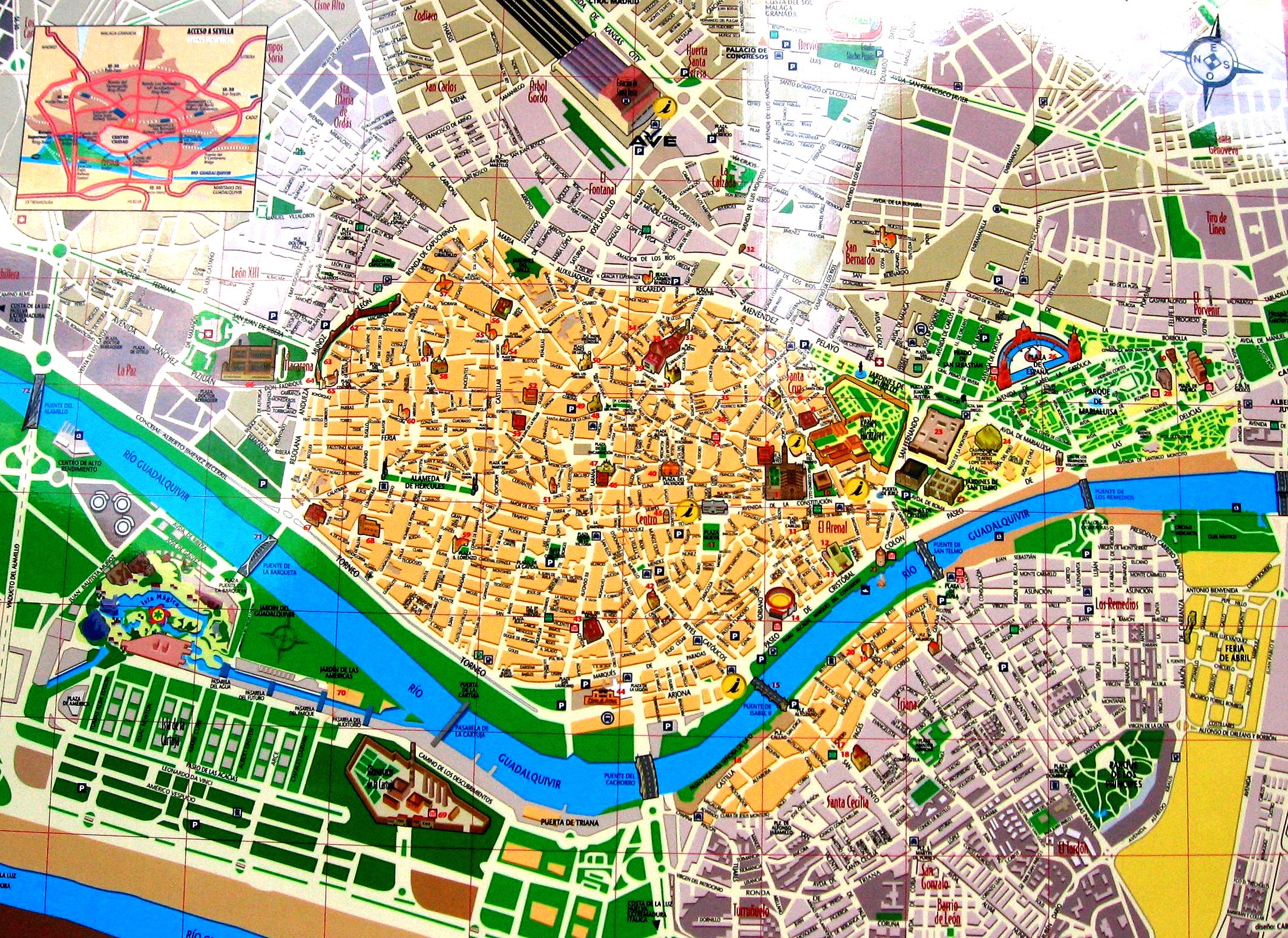 Streets map of Seville with town sights - Spain 