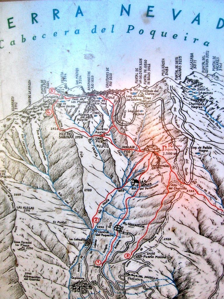 Map of ascent to summit of Mt. Mulhacen - Sierra Nevada, Spain 