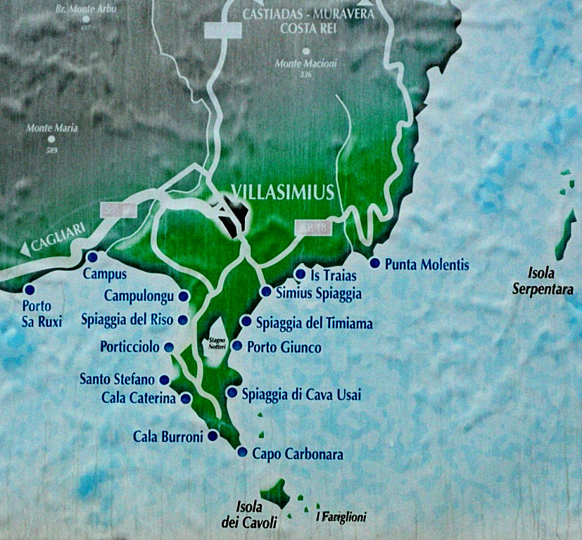 Map of beaches close Villasimius and Capo Carbonara - Sardinia Italy 