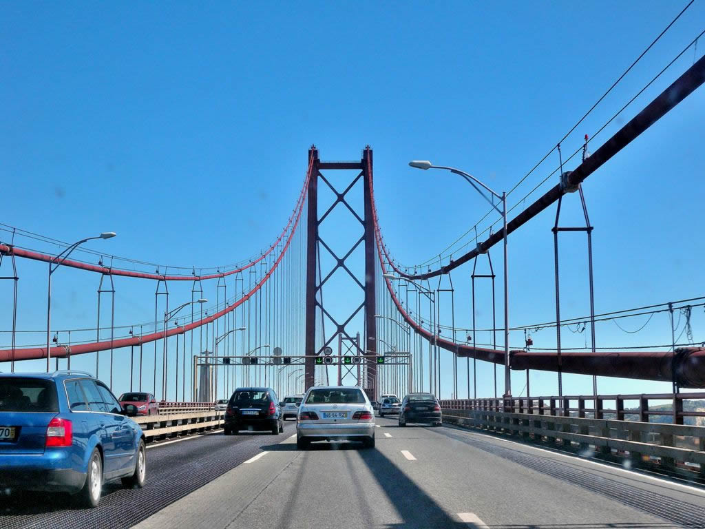 The 25th of April Bridge in Lisbon (open 1966) is more than 2200 m long and 70 meters above sea level, Portugal