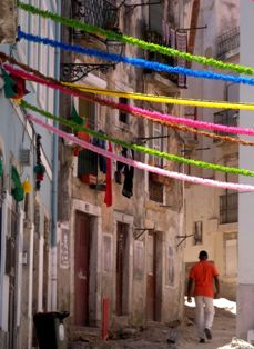 During the days of the festivities, Alfama in Lisbon is filled with people, Portugal