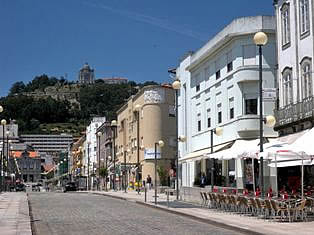 Viana do Castelo streets and view to Basilica of Santa Luzia, on Mt. St. Luzia - Portugal