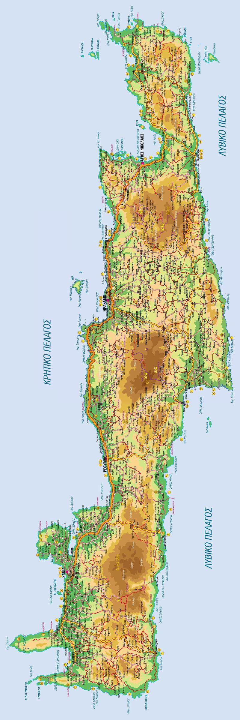 Map of Crete with mountains and roads - Crete Greece 