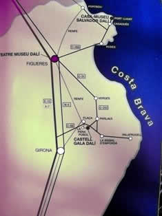 map to Dali museum in Figurere, Pubol and Port Lligat