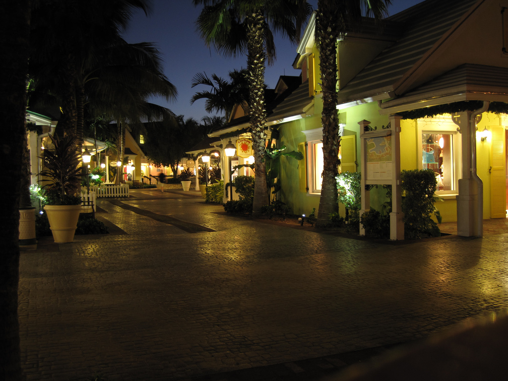 Paradise island and marina at night - Bahamas 